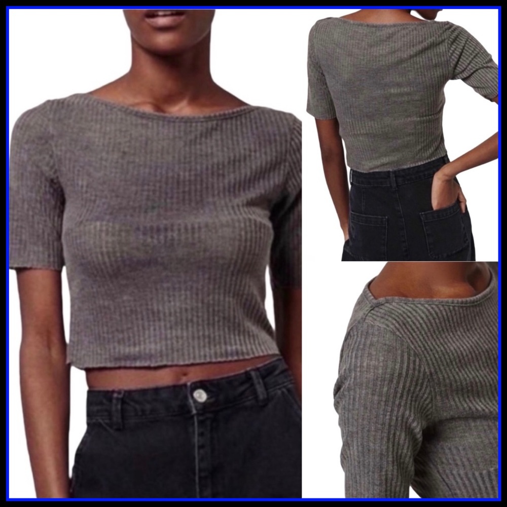 TOPSHOP NWT SLASH RIBBED CROP TEE GREY SZ 6